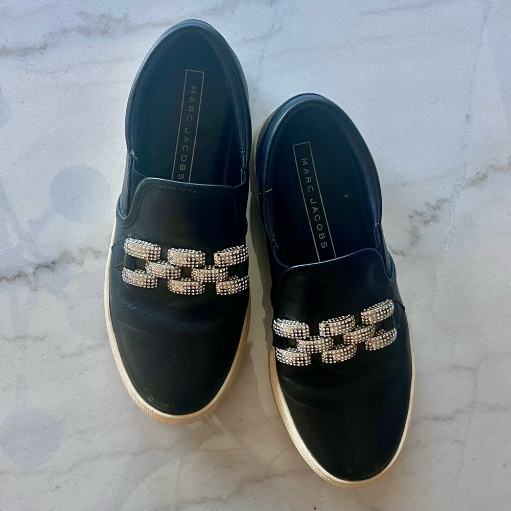 Marc Jacobs Black Slip-On Sneakers with Crystal Chain Accent size 36